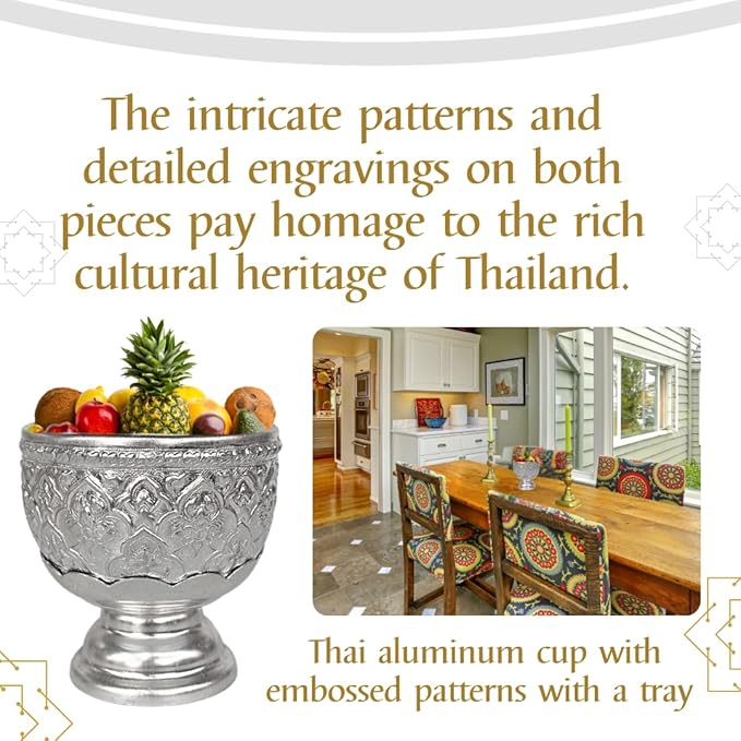 Thai Buddhism Bowl & Tray with Embossed Patterns, Silver Aluminum, Vintage Collection (8 CM)