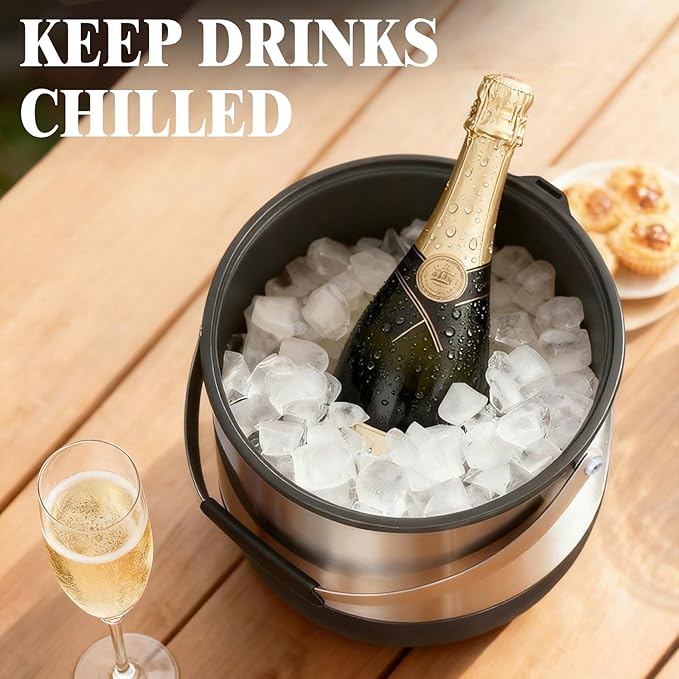 5QT/4.8L Insulated Ice Bucket for Parties, Large Capacity Double-Wall Beverage Bucket with Scoop & Lid for Champagne, Wine, Cocktail (Black)