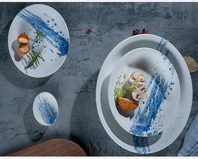 Ceramics Dinnerware Set, Plates and Bowls Sets for Restaurant, 36 Pieces Blue Splash Ink Tableware Combination Set, Matte Irregular Shape Porcelain Dinner Set
