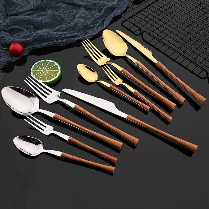 JASHII 30pcs Stainless Steel Imitation Wood Handle Cutlery Flatware Set,Tableware Knife Cake Fork Spoons Dinnerware Set Party Kitchen Silverware for 6, Mirror Polished - Brown&Gold