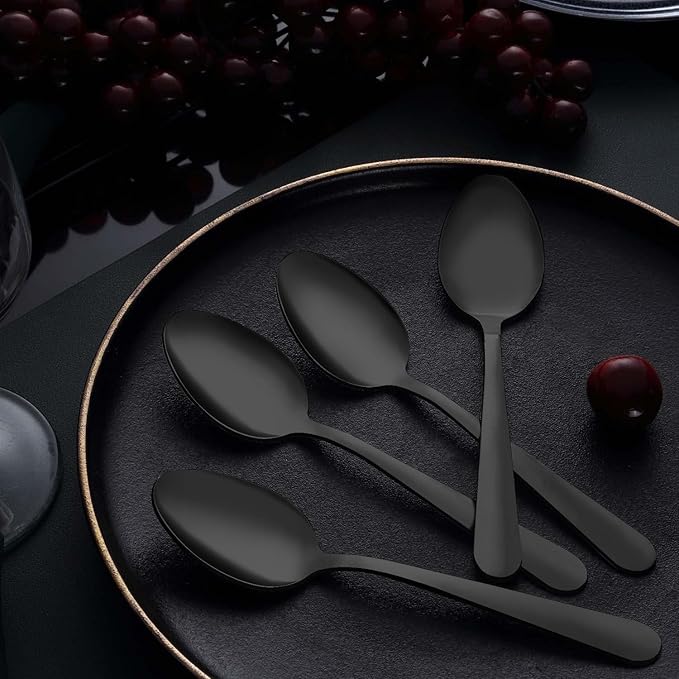 Unokit Dinner Spoons Set 24 Pieces (7.4 inch) - Stainless Steel silverware, Tablespoon, Silverware Spoons Only for Home, Kitchen or Restaurant - Mirror Polished, Dishwasher Safe, Black