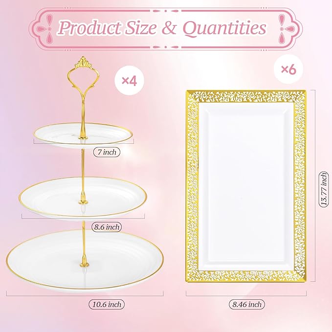 Supernal 10 Pack Dessert Table Display Set -4 Sets 3 Tier Cupcake Stand,6 Pcs Food Serving Trays,Elegant Tableware for Cupcakes and Snacks,Perfect for Tea Party Baby Shower Decorations(White and Gold)