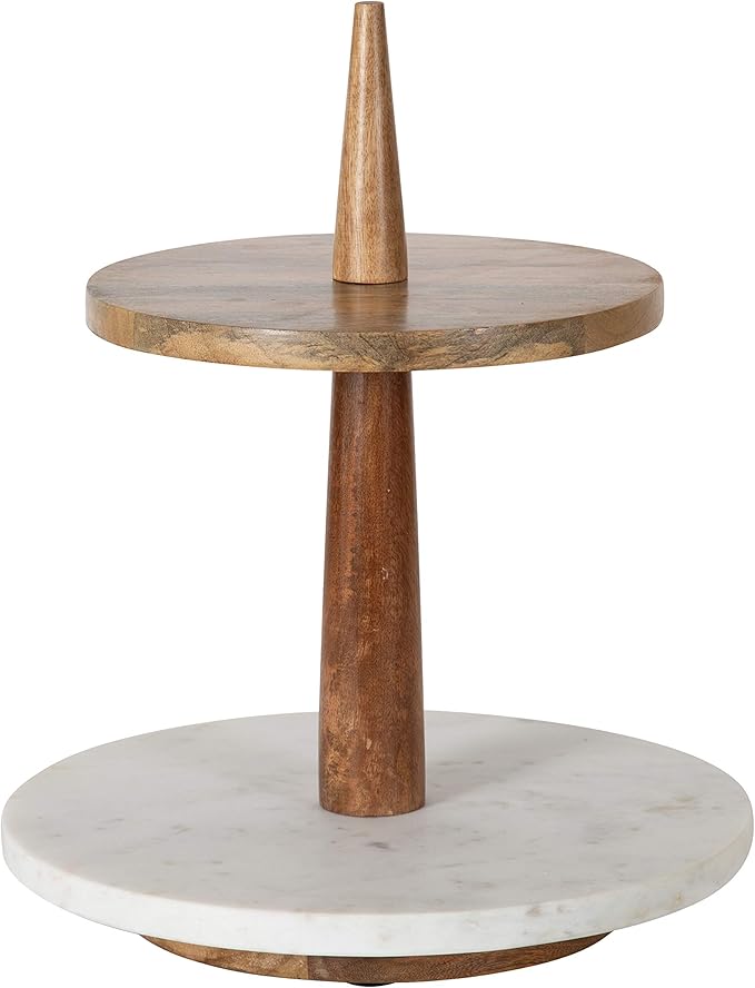 Kate and Laurel Praxis Modern 2-Tier Tray, 12 x 12 x 15, Natural Wood and White Marble, Decorative Farmhouse Serving Tray for Display