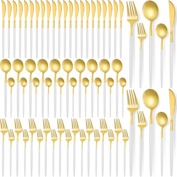 60 Pieces Stainless Steel Tableware Set Silverware Set Flatware Cutlery Utensils Spoon Fork Knives Service for 12 for Home Restaurant Apartment and Kitchens(White Gold)
