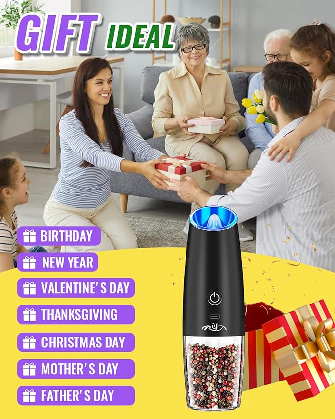XinXu Upgraded Rechargeable Gravity Electric Pepper and Salt Grinder Set with LED lights,Stainless Steel Automatic Pepper or Salt Grinder Mill Shaker Refillable with Adjustable Coarseness,(Black)