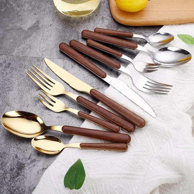 Gold Wood Silverware Set for 8 Durable Stainless Steel Flatware Set 40 Piece Wooden Grain Cutlery Tableware Utensils Set for Home Kitchen Wedding Restaurant Knifes Forks and Spoons