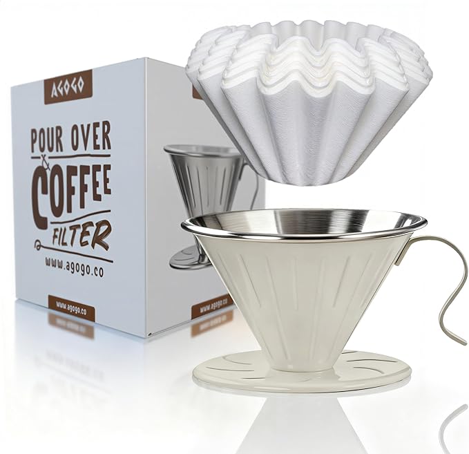 AGOGO Portable Pour Over Coffee Maker V60 Set - Easy Cleaning Compact 304 Stainless Steel Dripper for Camping & 50 Filters Paper & Cleaning Rag Cream V60