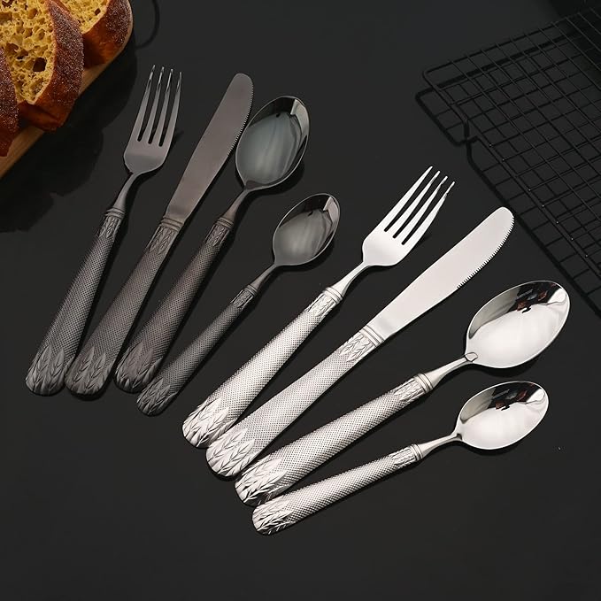 JASHII 304 Stainless Steel Hammered Silverware Set with Wheat Spike Pattern, Modern Eating Tableware Flatware Set, Service for 6. Flat Handle, Dishwasher Safe - Shiny Black