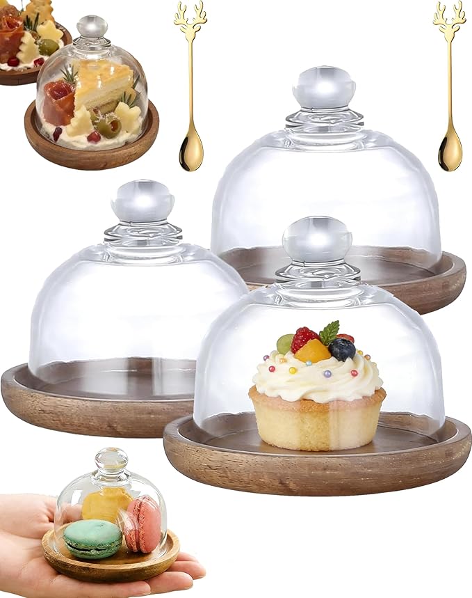 Charcuterie Snow Globe Container, Charcuterie Snow Globes, Mini Cake Stand with Dome Lid, Glass Dessert Dome with Wood Base, Small Cake Display Server Tray for Kitchen, Birthday Party, Wedding (3 set)