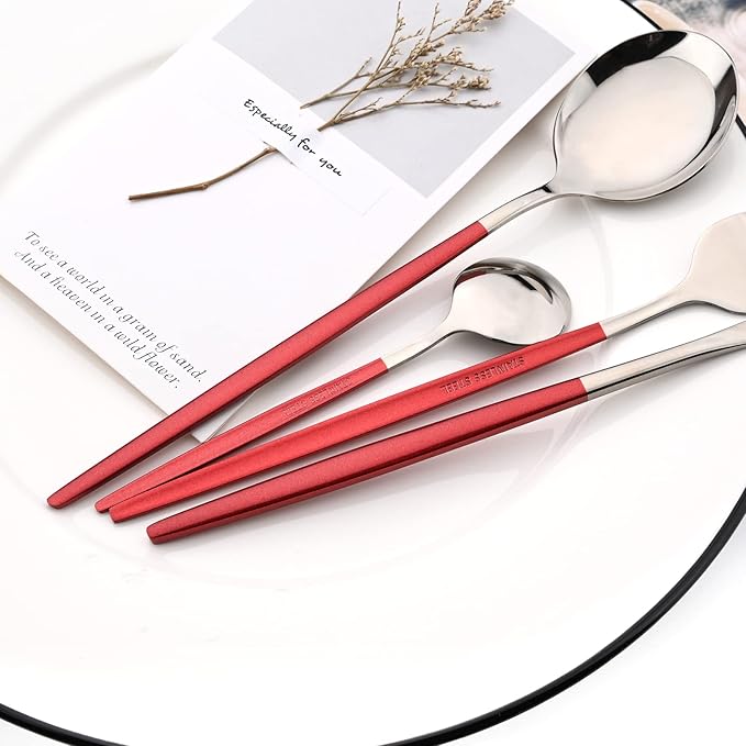 40 Pcs Silverware Set With Teaspoon For 10, Food Grade Stainless Steel Utensils Tableware Set, Elegant & Simple Flatware Serving Set Include Knife Fork Spoon, Mirror (Red Silver)