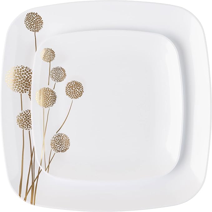 PLASTICPRO Square 64 Piece Combo Plates Set includes 32 x 7'' inch Salad Plates & 32 x 10'' inch Dinner White Plastic with Gold Dandelion Design Party Premium heavyweight
