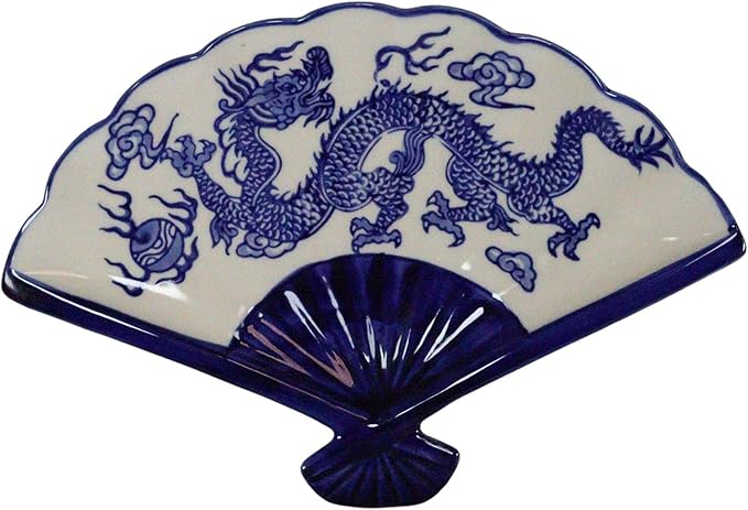 Ebros Pack Of 4 Colorful Oriental Folding Fan Shaped Appetizer Sushi Dessert Serving Dish Plates Decorative Asian Themed Artistic Dinner Lunch Serveware Plate Set (Blue White Dragon King Feng Shui)