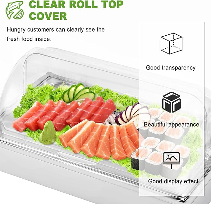 Ice Food Serving Display Tray with Clear Roll Top Cover Buffet Cold Serving Cooler Platter w/ 2 Ice Packs Cooling Food Dishes Display Plate Case with Lid for Seafood Fruit Party Buffet Tray