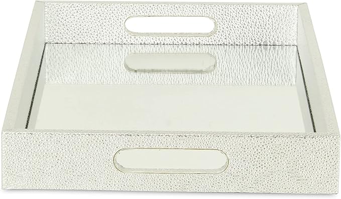 HomeRoots 16" Silver Rectangular Wood Handmade Tray with Handles