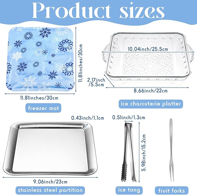 Meanplan 8 Pcs Chilled Serving Tray for Parties & Reusable Freezable Ice Mat Sheets for Coolers and 11.8" Ice Mat Chill for Food Trays 9" Cold Served Trays for Cheese Deli Meat Veggie Plates Picnics