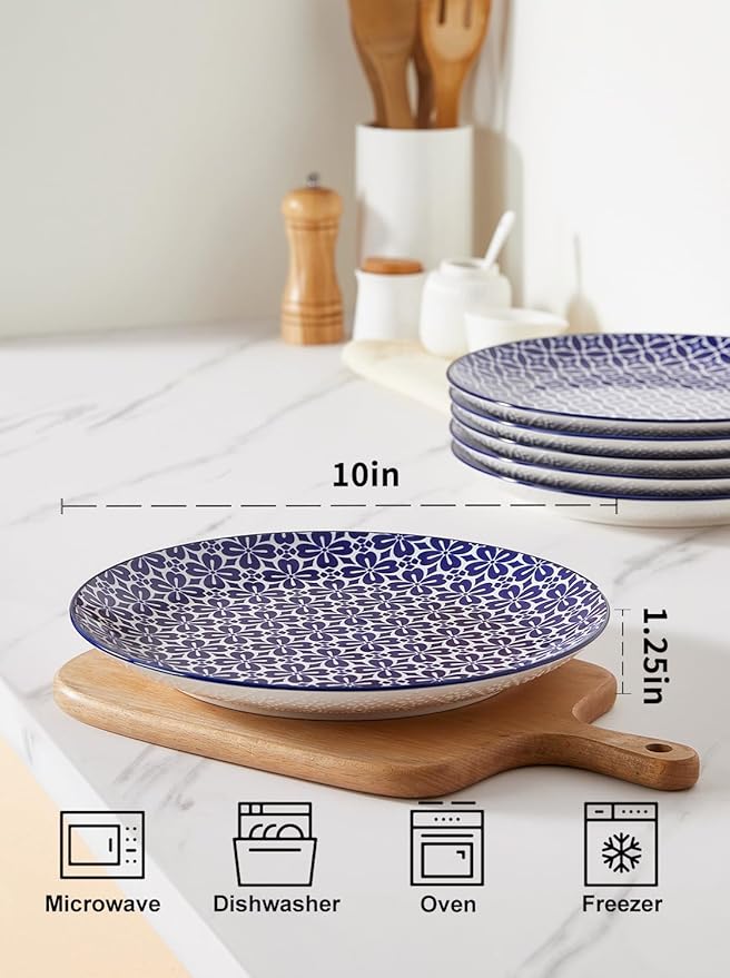 10" Ceramic Dinner Plates, Blue and White Porcelain Plate Set, Serving Dishes for Pasta, Pancakes, Steak, Salad, Set of 6, Dishwasher & Microwave Safe