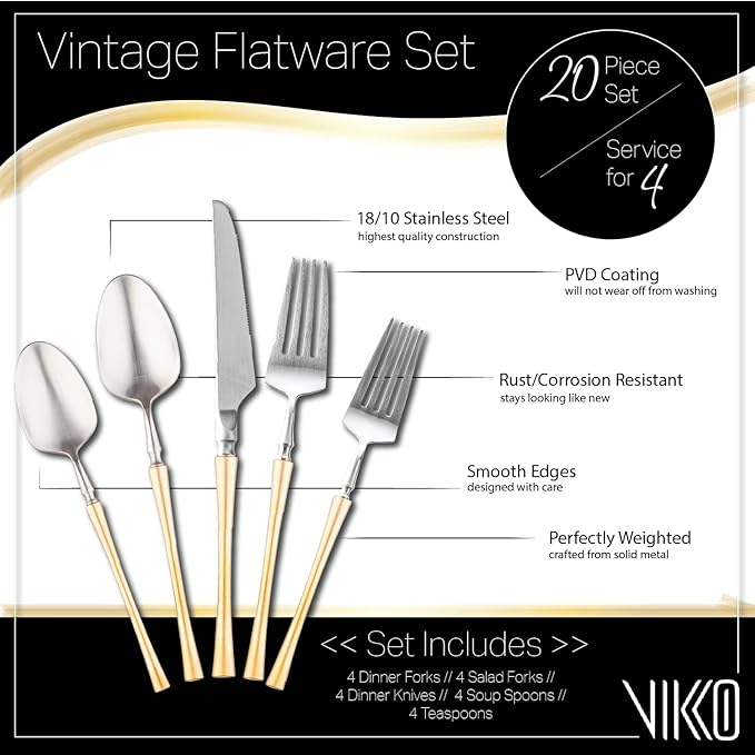 Vikko Decor Vintage Silverware Set: Brushed Silver and Gold Silverware- Luxury 18/10 Stainless Steel Flatware - Satin Matte Cutlery Set for Upscale Dining - 20 Piece Set - Service for Four (4)