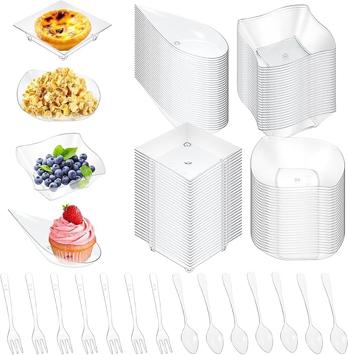 200 Pcs Mini Appetizer Plates with Spoons Forks, Clear Plastic Dessert Plates Small Disposable Appetizer Plate for Dessert Sauce Snacks, for Party Birthday Wedding
