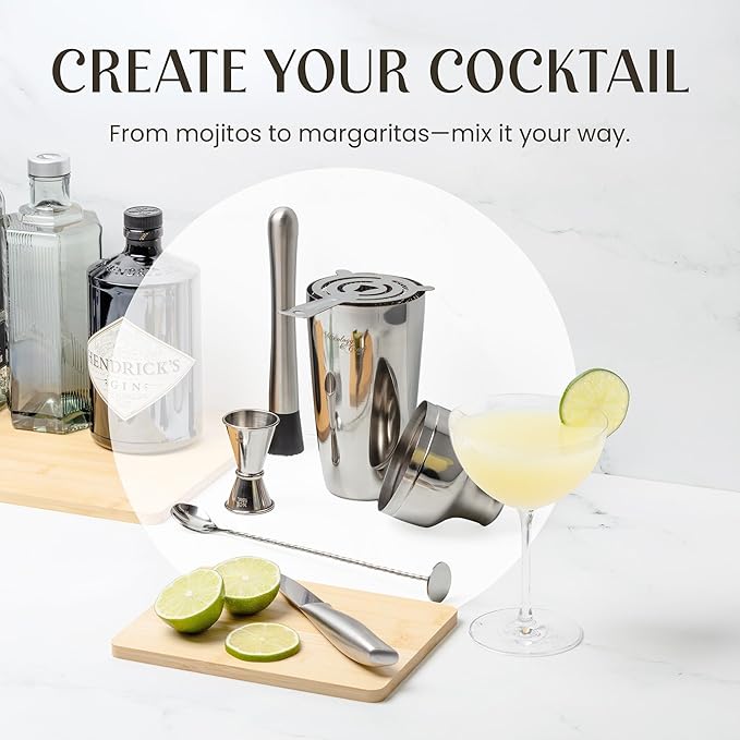 Mixology & Craft Bartender Kit: 10-Piece Cocktail Shaker Set with Dark Bamboo Stand | Complete Cocktail Kit Gift Set | Top Bartender Gifts for Men & Women | Leak-Proof Design (Silver)