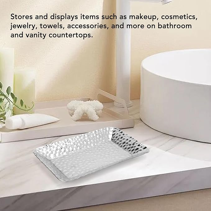 Stainless Steel Towel Tray Rectangular Serving Tray Elegant Silver Decorative Vanity Platter Tray for Kitchen Bathroom Storage Organizer Set of 2