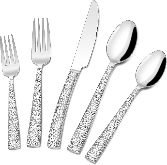 Hammered Silverware Set, 40-Piece Stainless Steel Wave Flatware Set for 8, Food-Grade Tableware Cutlery Set, Utensil Sets for Home Restaurant, Mirror Finish, Dishwasher Safe