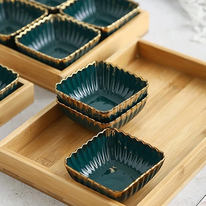 Dipping Sauce Dish Dipping Bowl Appetizer Plates Multi Grid Sauce Dish Green Gold Rim Snack Storage Tray Ceramic Dish Wooden Dessert Tray Candy Fruit Platter Tea Plate Home Dipping Sauce Bowls/Dishes