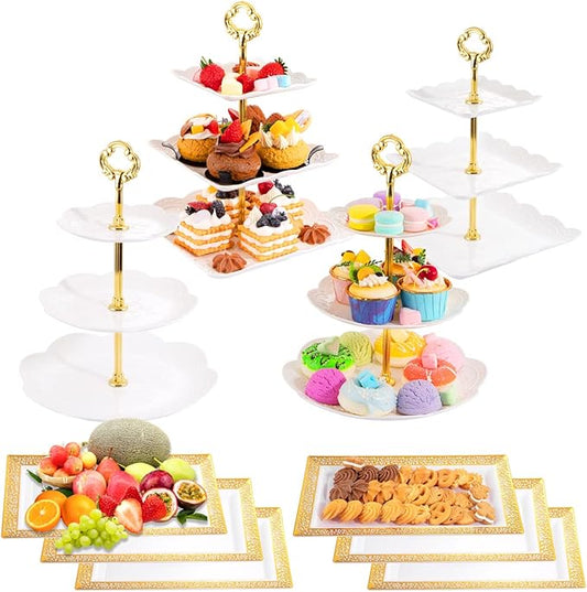 Supernal 3 Tier Cupcake Stands - 6pcs Plastic Trays, 4 Pack Round & Square Cake Trays Set