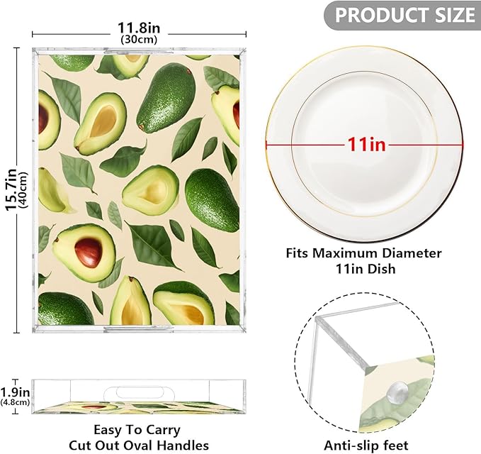 Serving Tray with Handles Clear Acrylic Tray 12x16 Inch Decorative Rectangular Tray Organizer for Ottoman Coffee Table Bathroom Nature Avocados Leaves