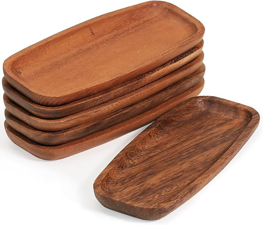 Mini Wooden Serving Platters and Trays, Solid Acacia Wood Oval Serving Tray for Food/Snacks/Appetizer, Wooden Trays for Jewelry, also as Mini Charcuterie Board and Cheese Platter (6 PCS)