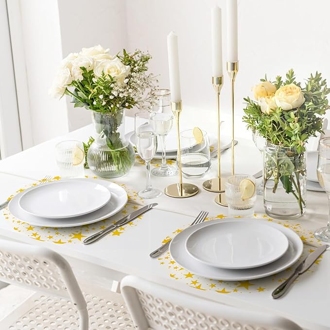 Gold Star Placemats Disposable Round Table Mat 13 Inch Golden Foil Mesh Pressed Placemat Tablecloths Glitter Table Runner for Birthday Party Wedding Home Dinners Tables Decor (Gold Star, 100 Pcs)