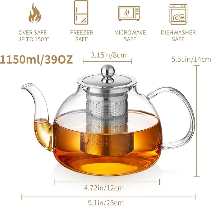 39OZ (1150ML) Glass Teapot with Infuser Stovetop Safe, Clear Glass Tea Pot Kettle, Borosilicate Tea Pot with Infusers Filter for Loose Tea, Tea Kettle Dishwasher Safe