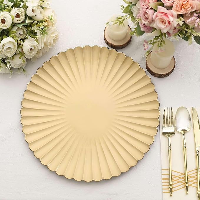 Efavormart 6 Pack | 13" Gold Scalloped Shell Pattern Plastic Serving Plates, Round Disposable Charger Plates