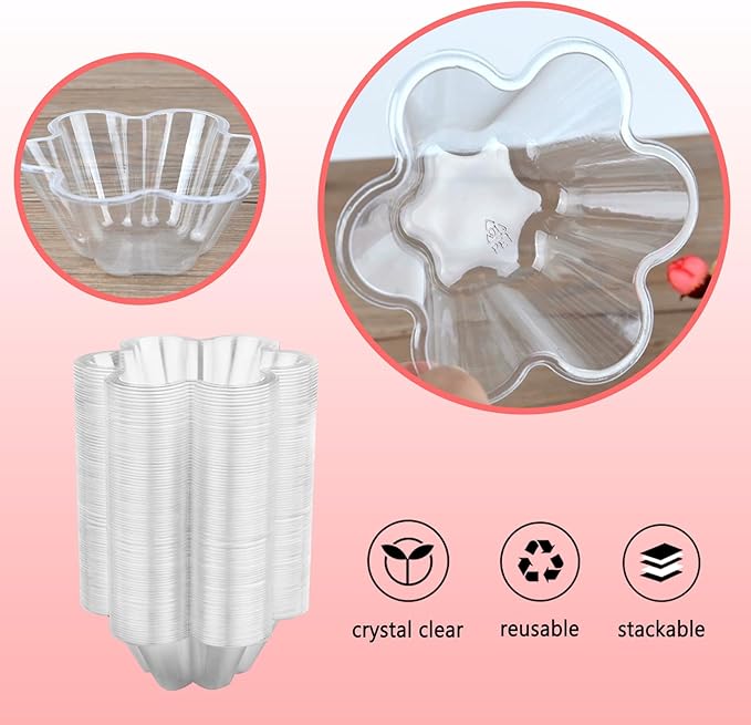 200 Pack Plastic Ice Cream Bowls 8.5Oz Clear Plastic Ice Cream Dessert Bowls Sundae Snack Fruit Salad Bowl Clear Flower Shape Appetizer Cup Chocolate Dessert Sundae and Nuts