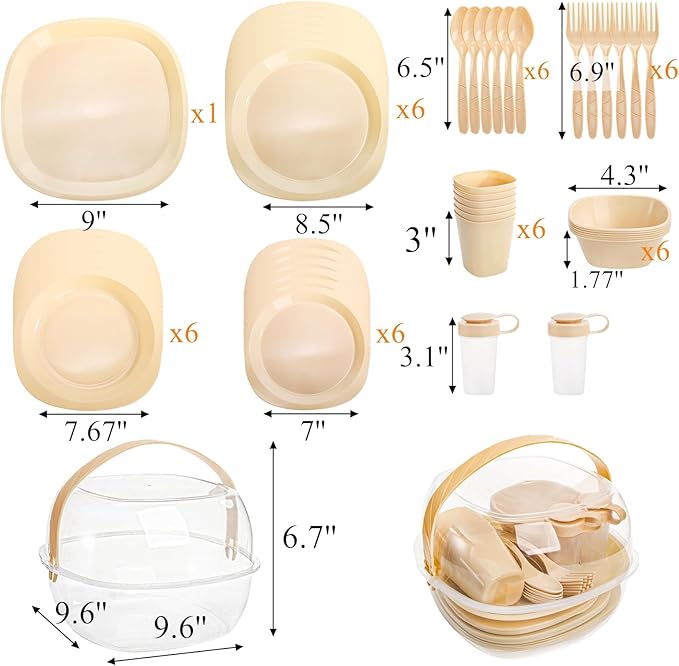 Tebery 46 Pack Camping Dinnerware Set for 6 Portable, Reusable Plastic Plate Bowl Fork Spoon Salt Pepper Shaker Set with Basket, Food Grade Picnic Dishes Cutlery Kit for Outdoor, Party, Travel, BBQ