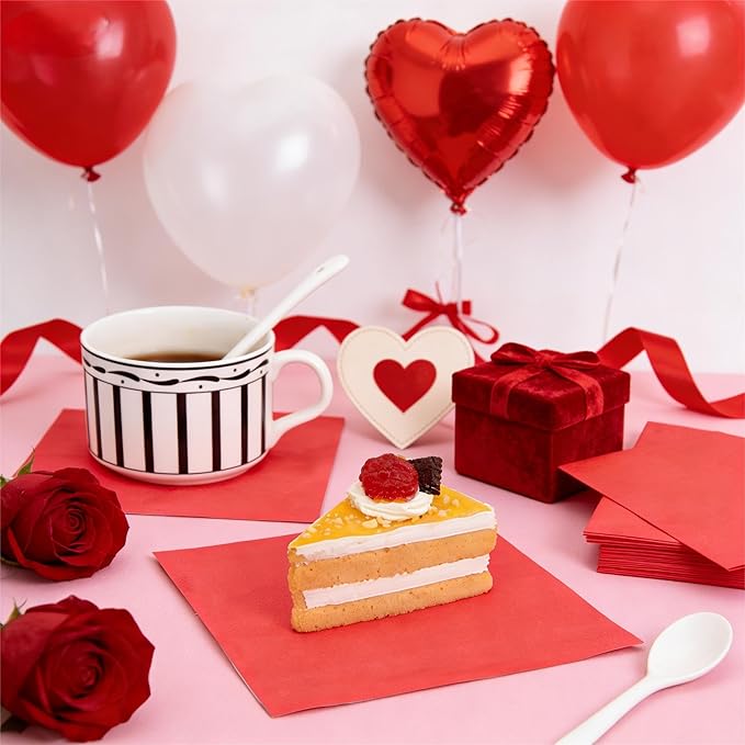 FLOWERCAT 100-Count 2-Ply Christmas Napkins & Red Cocktail Napkins - Napkins Disposable Premium Quality - 5" x 5" Red Paper Napkins for Birthday Party & Valentine's Day,Bar,Weddings