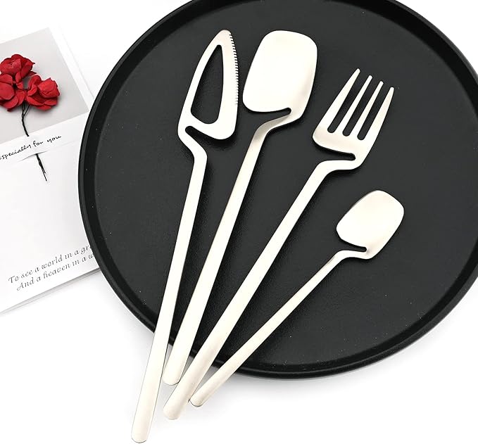24-Pieces Hangable & Cute 18/10 Stainless Steel Flatware Set, Matte Cutlery Set Kitchen Dinnerware Include Knife/Fork/Spoon/Teaspoon Service for 6, Silver