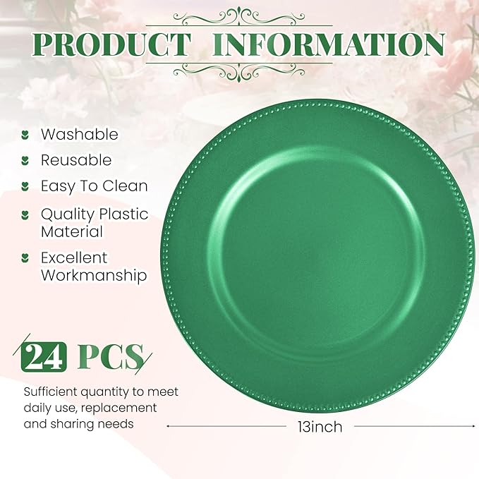 24 Pcs Green Dinner Plates, 13" Round Beaded Decorative Chargers for Wedding, Holiday, Baby Shower Events (Green)
