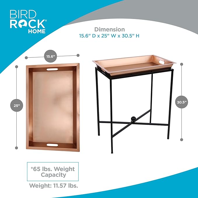 BIRDROCK HOME Butler Tray Table with Removable Top - Large Rectangle Metal Stand for Dessert, Appetizer, Food Platters, Entertaining - Ideal for Party, Buffet, Brunch - Black Iron Stand - Copper 25"