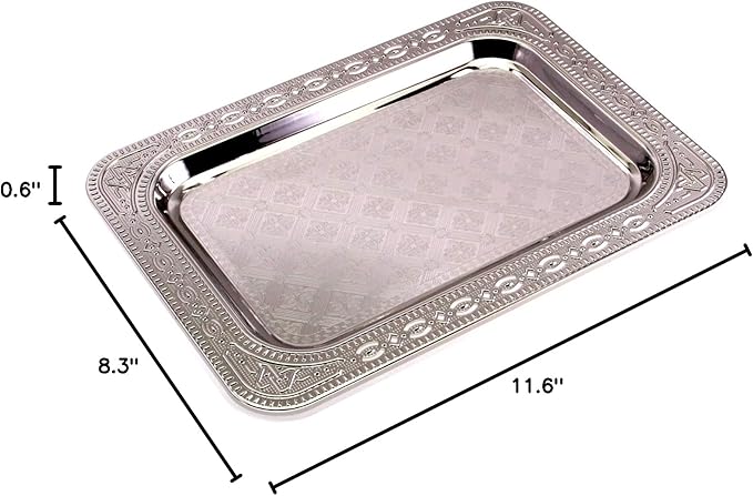 (Pack of 3) 14.2 inch x 10.2 inch Oblong Chrome Plated Serving Tray with Handles Stylish Design Iron Gold Floral Engraved Decorative Wedding Dessert Buffet Wine Platter Plate NC-262