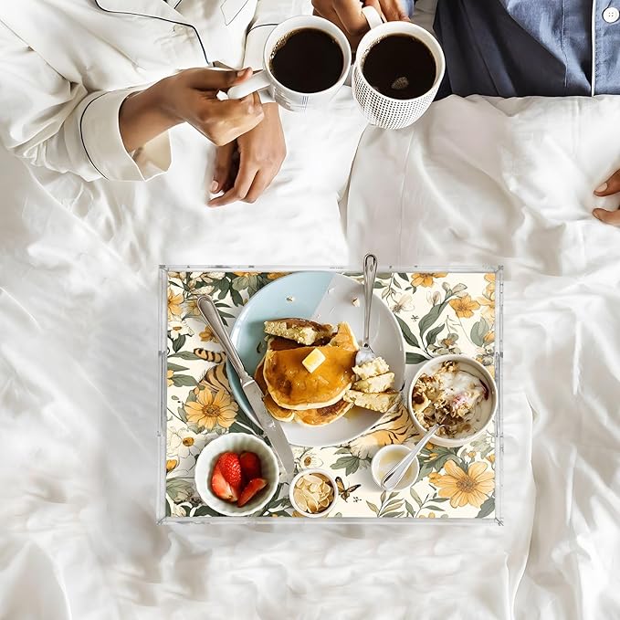 Serving Tray with Handles Clear Acrylic Tray 12x16 Inch Decorative Rectangular Tray Organizer for Ottoman Coffee Table Bathroom Cute Tigers Flowers Beige