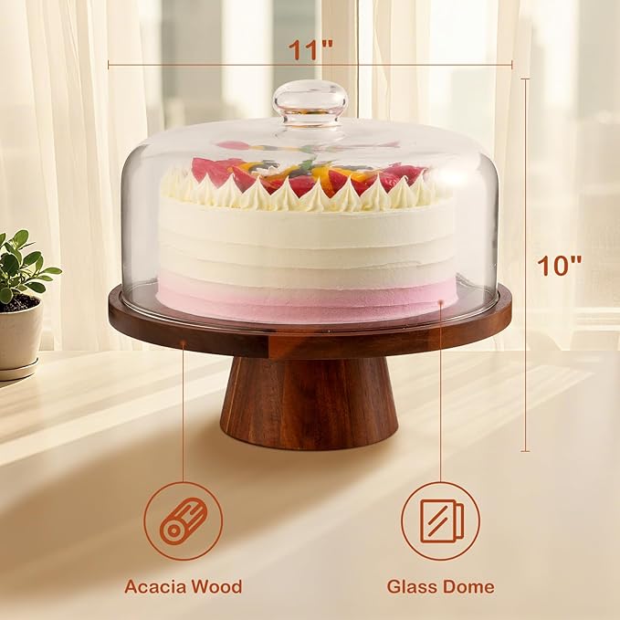 Acacia Wood Cake Stand with Glass Lid – 12" Magnetic Base, Detachable Serving Tray for Cake, Cheese, Charcuterie, Snacks & Desserts – Wooden Cake Holder for Parties & Kitchen Display