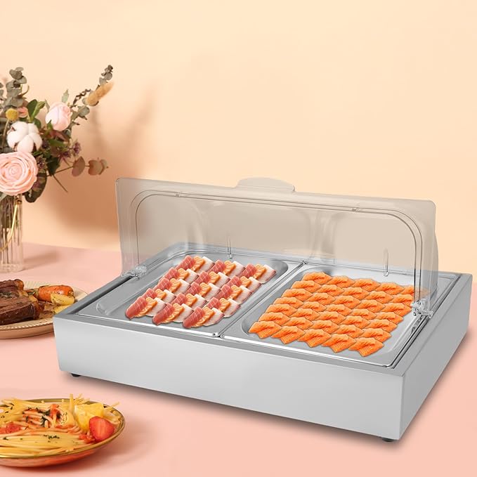 2 Pan Countertop Food Display Container with Roll Top Cover, Stainless Steel Ice Food Serving Tray, 3.17Qt Cold Food Buffet Server for Restaurant Kitchen Party (Silver)