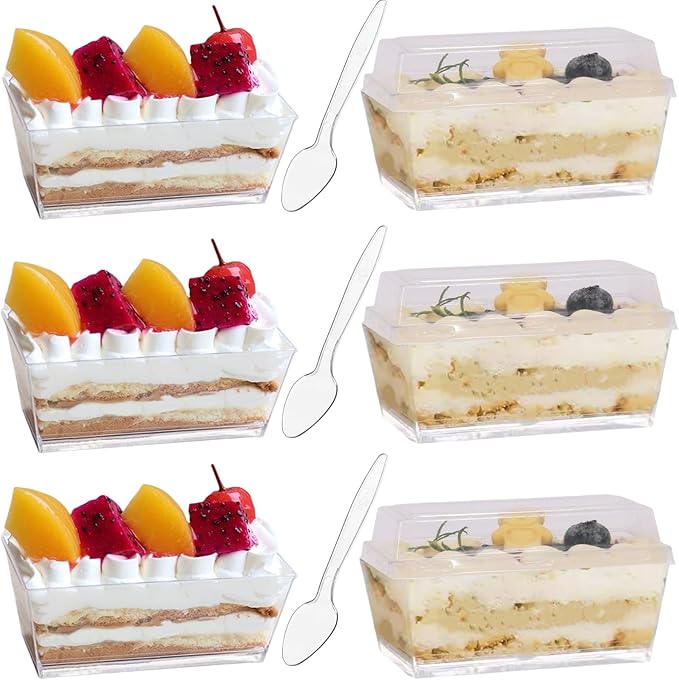 100 Set 140ml/4.8 oz Clear Dessert Cups with Lids and Spoons, Rectangular Dessert Cups, Mini Clear Appetiser Serving Bowls for Desserts, Mousse, Puddings