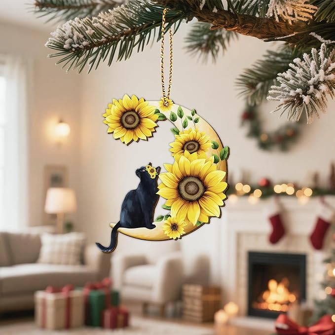 34HD Black Cat Christmas Ornament 2025 – Wooden Hanging Xmas Tree Ornament Decoration, Cute Christmas Keepsake Gifts and Home Decor with Sunflower Design for Cat Lovers and Garden Fans