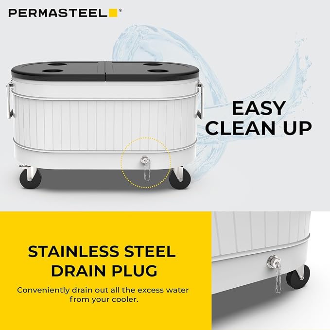 Permasteel Rolling Patio Cooler – Large Outdoor Ice Chest with Wheels, Beverage Cooler for Backyard, BBQ, Tailgate, Beach, Parties, Rustic Farmhouse Design