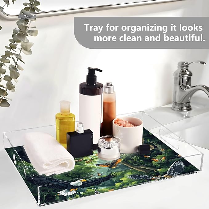 Serving Tray with Handles Clear Acrylic Tray 12x16 Inch Decorative Rectangular Tray Organizer for Ottoman Coffee Table Bathroom Bald Eagles and Forest Butterflies Bees
