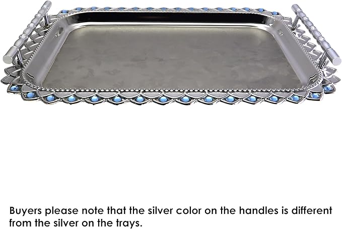 (Pack of 1) 16.5 inch x 11.8 inch Floral Shape Style Chrome Plated Silver Serving Tray with Handles Anti-Scratch Sticker Floral Engraved Edge Blue Bead Decor Wine Platter Plate FST-011