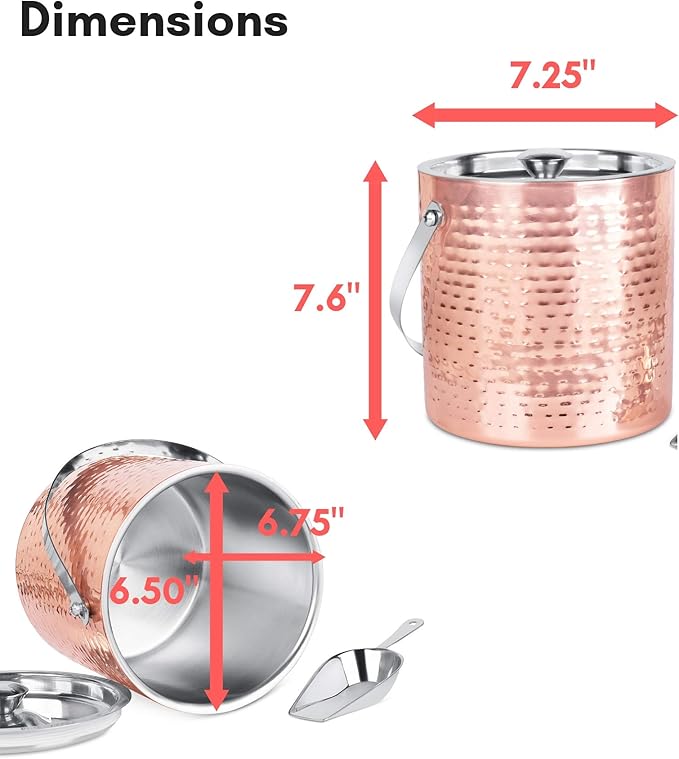 BIRDROCK HOME Ice Bucket with Scoop & Lid - 2.8 Liter Hammered 18/8 Stainless Steel Double Wall Insulated Container with Carrying Handle - Ideal for Parties, Cocktails, and Beverages - Copper