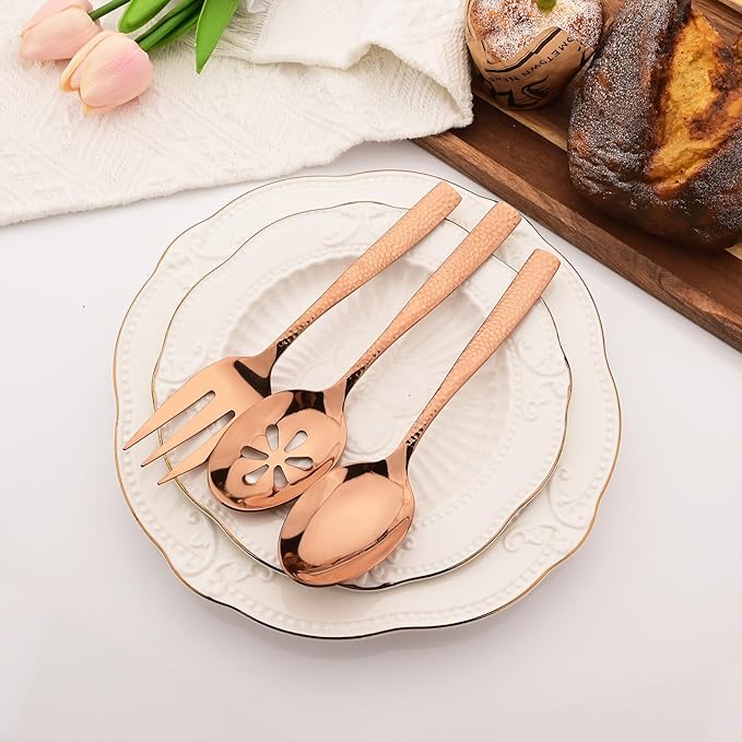 6 PCS Hammered Serving Utensils, Uniturcky Stainless Steel Serving Spoons Set, Square and Thick Hostess Serving Set, Includes 2 Serving Spoon 2 Serving Fork and 2 Slotted Spoon, Mirror Rose