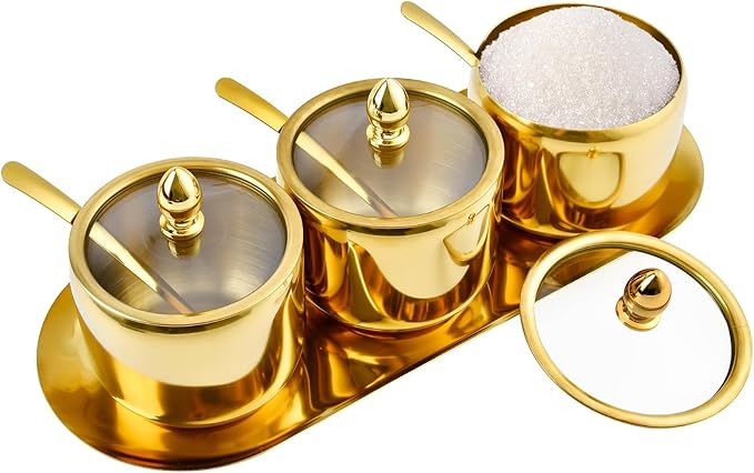 Set of 3 Stainless Steel Sugar Container with Glass Lid and Spoon, Gold 10oz Seasoning Jar Condiment Pots with Serving Tray, Kitchen Canisters Set for Pepper, Salt, Spice, Candy